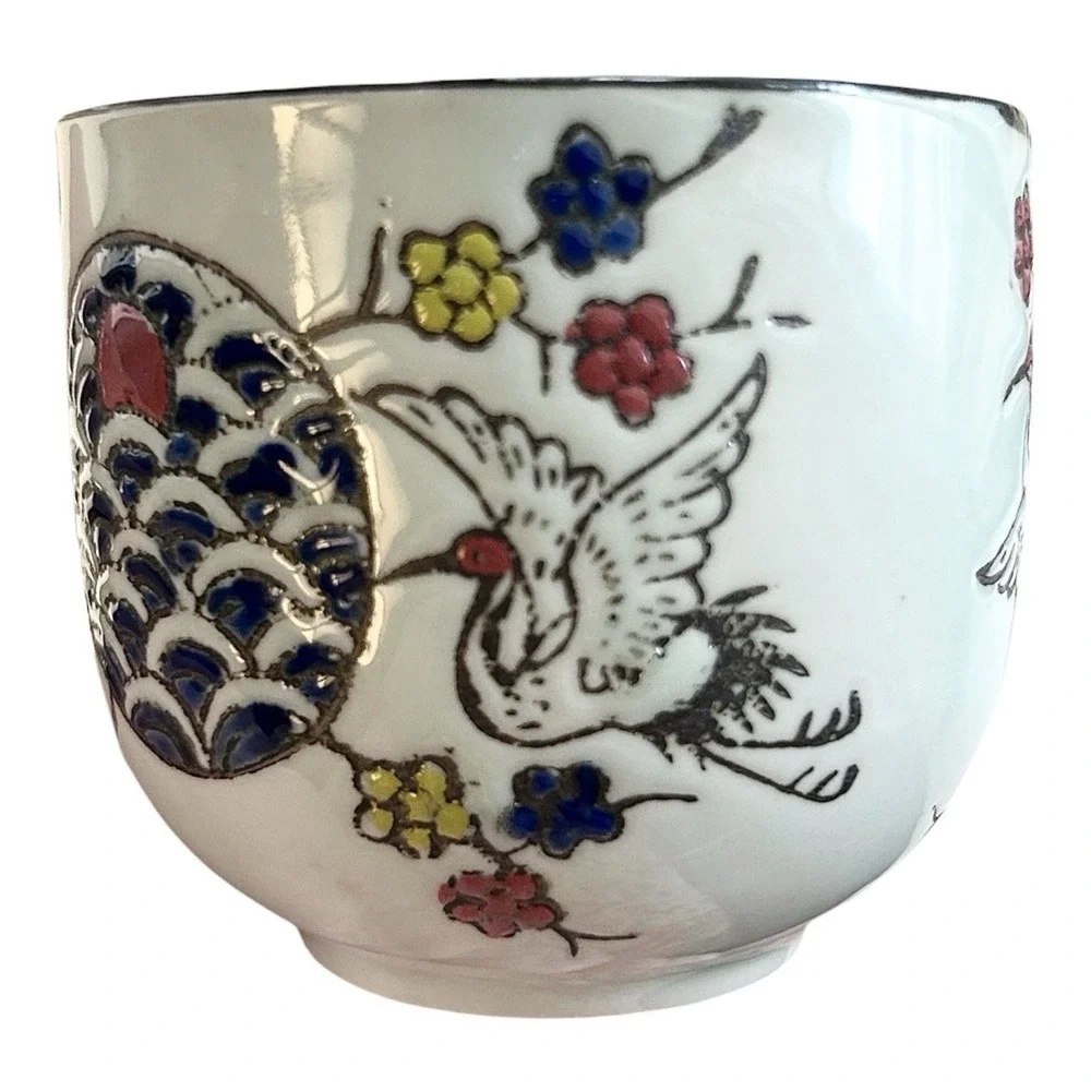 2 EBROS GIFT Sake/Tea Cups Flying White Cranes Red Moon Night Sky Asian Ceramic